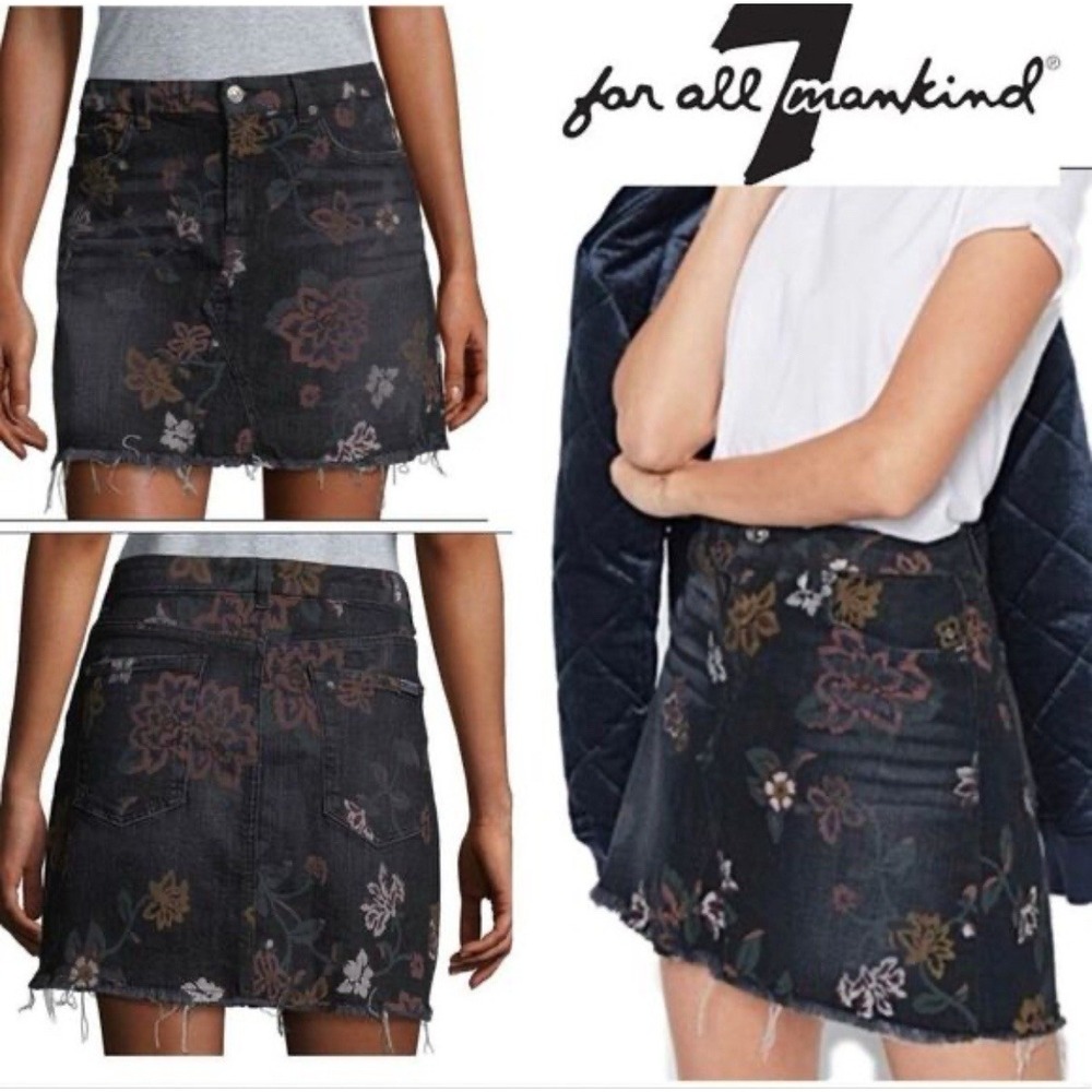 7 for all Mankind Floral Print Black Denim Mini Skirt Raw Hem Romantic Grunge 27